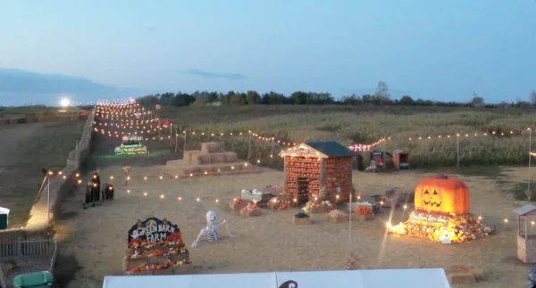 Green barn farm after dark
